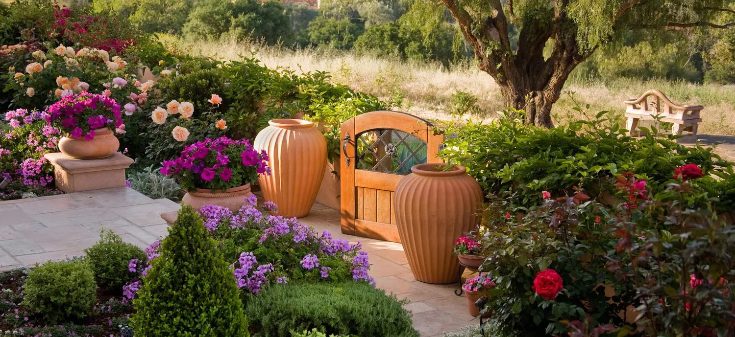 Colourful cottage garden entrance