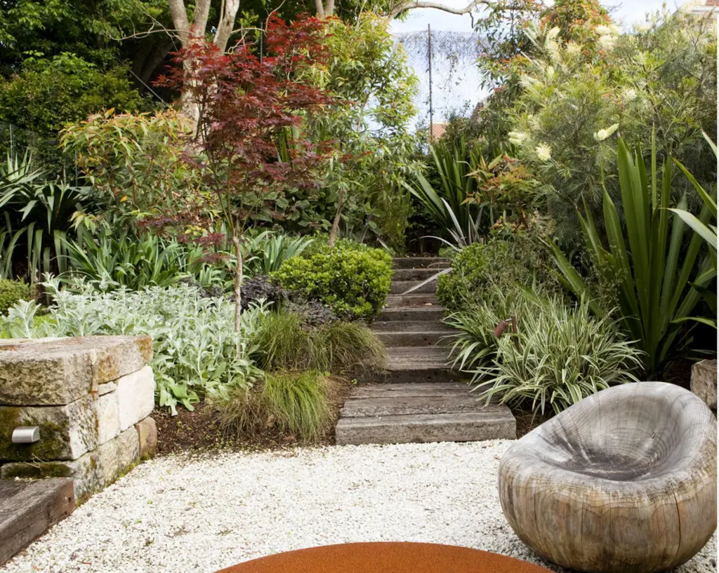 Colourful garden bordering steps