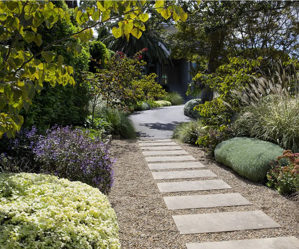 Entrance with small specimen trees and colourful shrubs