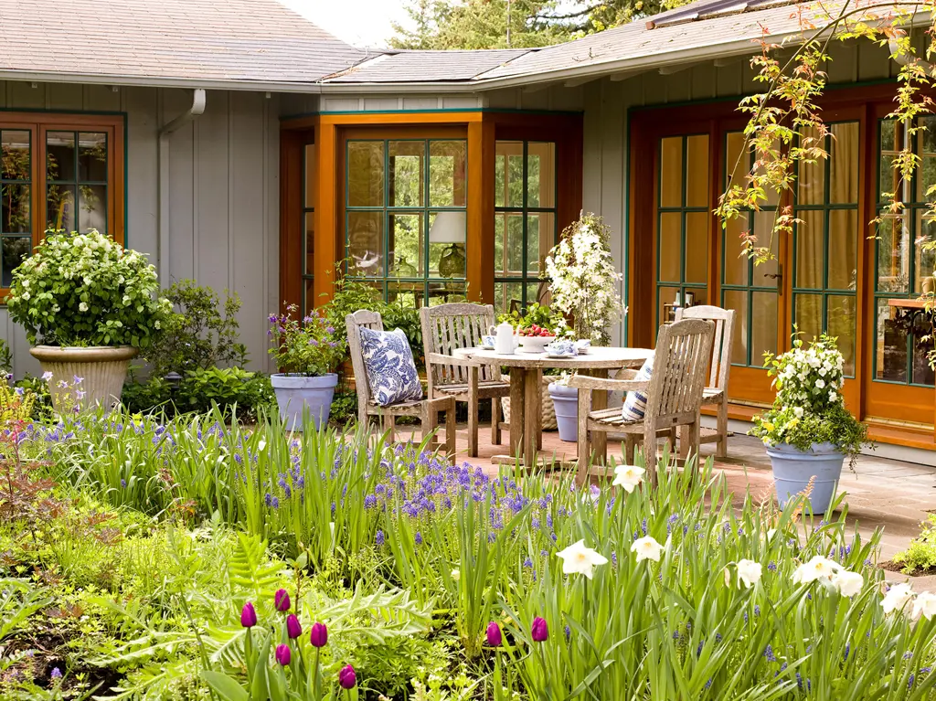 Outdoor living in a cottage garden