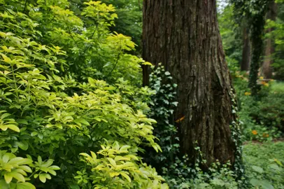 Choisya 'Sundance' shrub in a woodland garden.