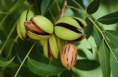Pecan 'Hirschi' nuts emerging amongst lush, green foliage.
